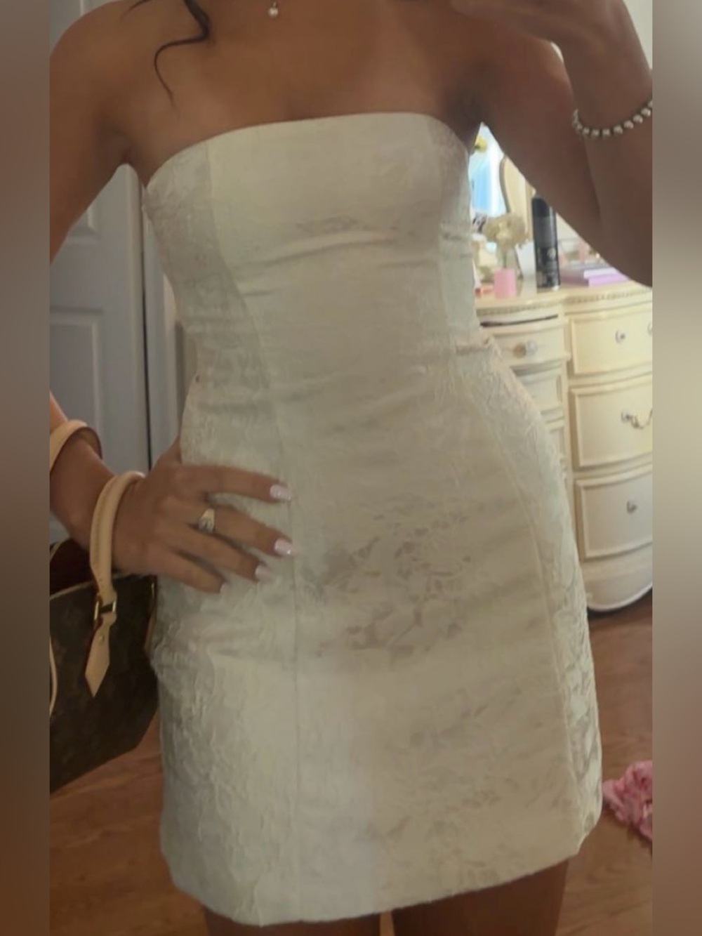 PEPPERMAYO Strapless White Lace Mini Dress